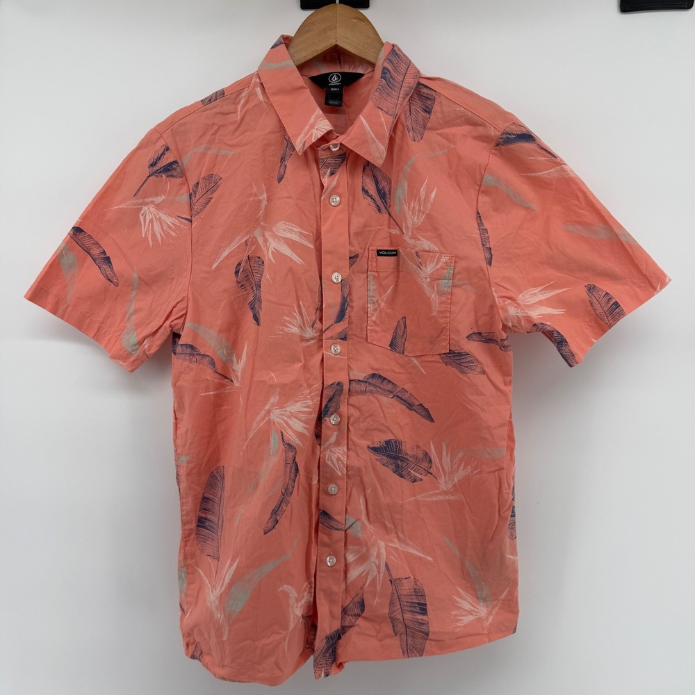 Volcom Mens Small Coral Pink Tropical Bird of Paradise Cotton Button Up Shirt